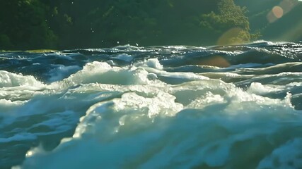 Poster - The river rushes with energy, sunlight dancing on the foamy rapids. Fast flowing water highlights nature's power in this wild landscape, perfect for adventure seekers