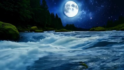 Aufkleber - Serene mountain river flows through a lush forest under the enchanting light of the full moon, creating a peaceful atmosphere. The water glistens, reflecting the beauty of nature