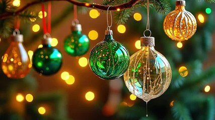 Poster - Festive Gold and Green Christmas Tree Ornaments with Bokeh Lights in Background.Christmas or New Year banner