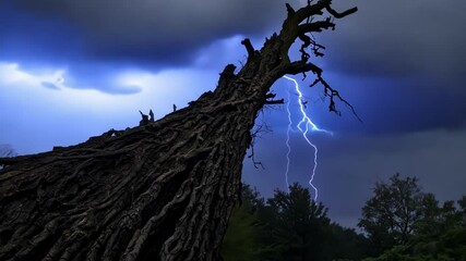Aufkleber - Old tree with most of its roots out of the ground is reaching up towards the sky as a storm gathers in the background