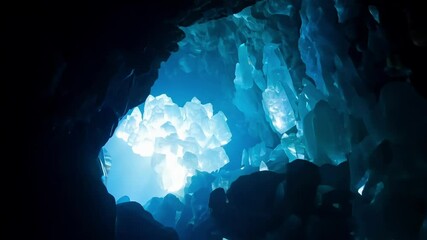 Poster - Shining light through hole in ice cave illuminates stunning blue formations, creating breathtaking frozen landscape for adventure seekers in tranquil nature