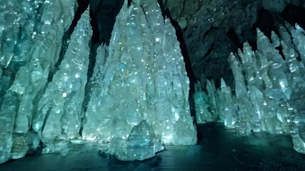 Aufkleber - Discover the serene beauty of a mysterious cave with radiant turquoise ice formations reflecting on a tranquil frozen lake, creating a magical and peaceful landscape