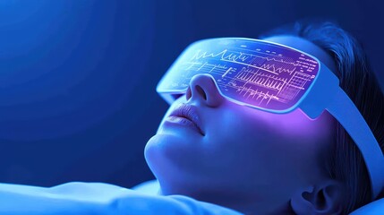 Poster - A woman wearing augmented reality glasses, immersed in digital data and visuals, with a futuristic blue background.