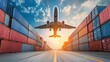 Airplane flying above colorful shipping containers during sunset, vibrant sky in the background.