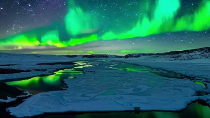 Poster - The mesmerizing green hues of the aurora borealis dance across the night sky, casting an ethereal glow over a frozen and icy landscape