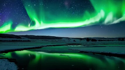 Poster - Mesmerizing green aurora borealis dances across the night sky. Casting a magical glow over a serene snowy landscape with a reflective river