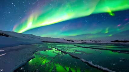 Aufkleber - Mesmerizing aurora borealis dances over frozen lake and snow covered mountains, casting vibrant green glow in tranquil winter landscape
