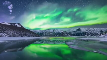 Aufkleber - The green lights of the aurora borealis are reflecting on a frozen lake surrounded by snowy mountains. The breathtaking scenery is illuminated by the stars in the night sky