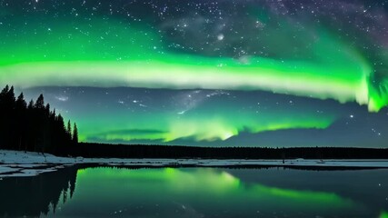 Aufkleber - Green and purple northern lights are illuminating the night sky and reflecting in the surface of a calm lake surrounded by a forest