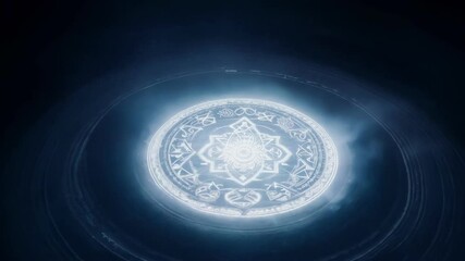 Poster - Mysterious, circular portal with glowing runes is hovering over a dark forest, radiating an ethereal blue light. The atmosphere is full of mystery and otherworldly energy