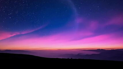 Poster - Mesmerizing gradient of purple and blue hues illuminates the night sky, casting a magical glow over the silhouetted mountains and twinkling stars