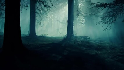Aufkleber - Sun rays are breaking through the branches of trees in a dark and foggy forest, creating a mysterious and eerie atmosphere