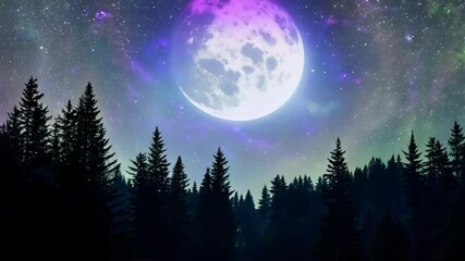 Aufkleber - The bright full moon shines over a dense spruce forest. Casting a magical glow on the night sky filled with twinkling stars and vibrant green aurora borealis