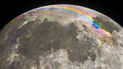 Aufkleber - The moon with many craters and a colorful atmospheric layer is seen from space with stars in the background