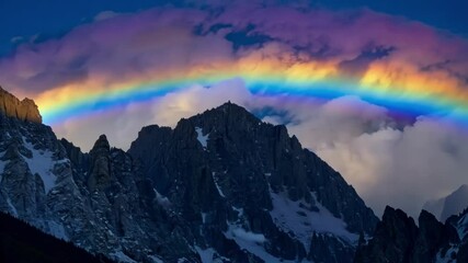 Poster - Rare atmospheric phenomenon called a circumhorizontal arc, also known as a fire rainbow, is forming over a mountain range. The colorful clouds are creating a beautiful scene in the sky