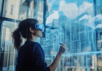 Poster - A young female architect wearing VR glasses is drawing a futuristic cityscape on a digital screen. Holographic models of buildings float in the air, and clouds are visible on a glass wall.