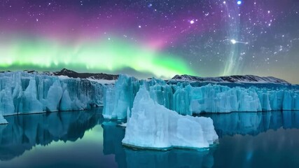 Poster - Vivid northern lights illuminating a scenery of majestic icebergs floating on turquoise water, creating a breathtaking spectacle of nature