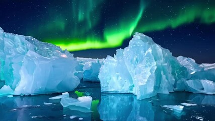 Poster - The aurora borealis, also known as the northern lights, is illuminating the night sky with streaks of green light over icebergs floating on still water