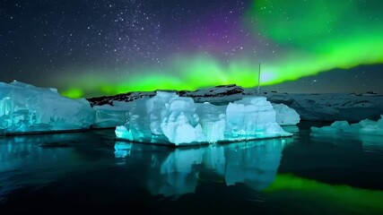Poster - Green northern lights are illuminating the night sky with a starry sky reflecting in the water in jokulsarlon glacier lagoon