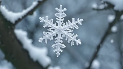 Aufkleber - Detailed close up of a snowflake hanging in the air, showcasing its intricate and unique structure against a blurred winter forest background