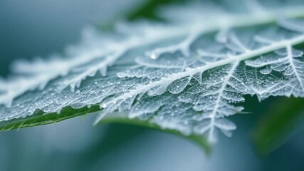 Aufkleber - Close up of a frosted leaf showcasing the delicate beauty and intricate patterns of nature during winter. The frozen water droplets add a touch of ethereal charm to the scene