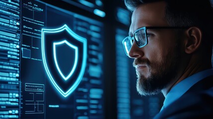 Poster - Close-up of a professional man analyzing cybersecurity data with a digital shield interface in the background.