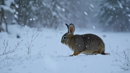 Aufkleber - Cute wild rabbit carefully hopping through a serene snowy forest on a cold winter day, its furry ears perking up as it explores the wintry woodland environment