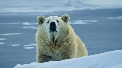 Aufkleber - Large polar bear is sitting on a snowy ridge overlooking a vast frozen ocean, its white fur blending in with the surrounding snow and ice