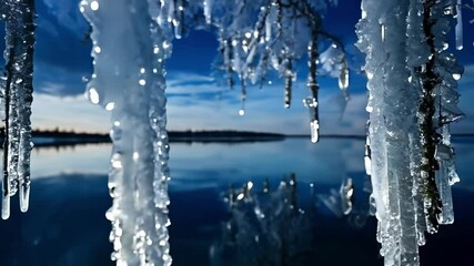 Aufkleber - Sharp, sparkling icicles are hanging from tree branches, with a serene blue lake in the background. The winter scene evokes a sense of tranquility and the beauty of nature