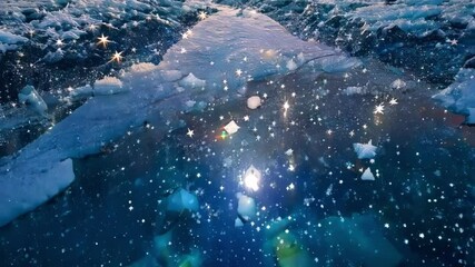 Aufkleber - Sunlight is shining through the ice of a frozen lake, creating an effect that looks like a starry sky. The ice is a deep blue color and the sunlight creates a warm glow
