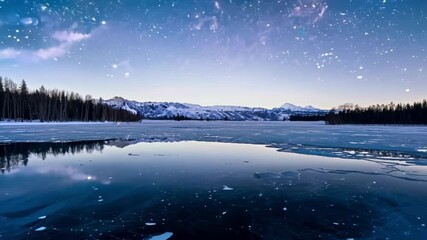 Aufkleber - Snow covered mountains are reflected in a partially frozen lake under a starry night sky. Patches of ice interrupt the reflection of the mountain range