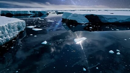 Aufkleber - Icebergs are reflecting in the still water with the sun shining brightly in the background. The dark blue water contrasts beautifully with the white ice