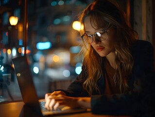 Professional business woman working late on laptop