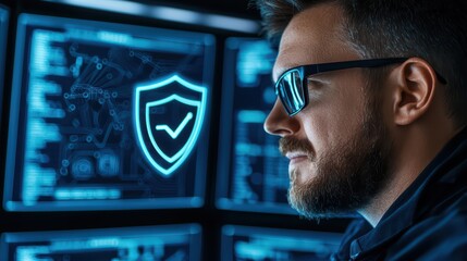 Poster - Cybersecurity expert monitoring data protection protocols on futuristic screens.
