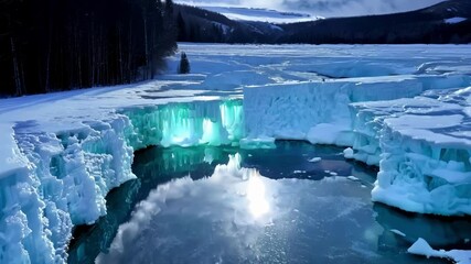 Aufkleber - The sun reflects on a frozen lake, surrounded by turquoise ice formations and a snow covered forest in the background, capturing the beauty of winter with icy blue hues and a peaceful atmosphere