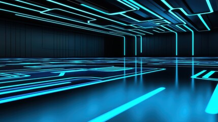Poster - Futuristic digital environment with blue neon lights and circuit patterns reflecting on a glossy floor.