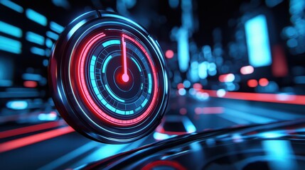 Poster - Futuristic speedometer with neon lights on a blurred urban background, symbolizing high speed and advanced technology.