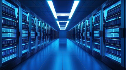 Poster - Futuristic server room with blue lighting and racks of data storage equipment in a modern tech environment.