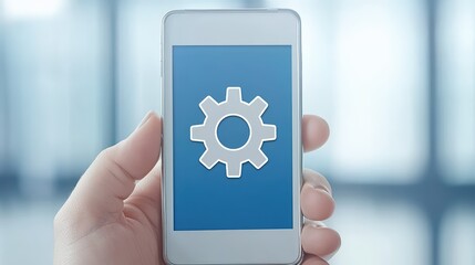 Poster - Hand holding smartphone displaying settings icon on screen.