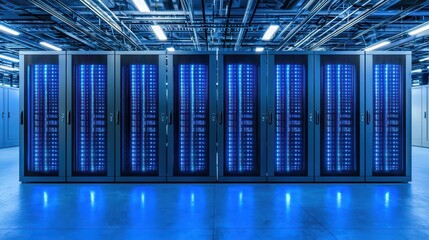 Poster - High-tech server room with rows of illuminated servers and complex cabling, showcasing modern data storage solutions.