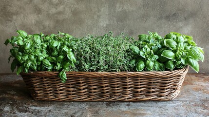 Poster -   A wicker basket brimming with lush green foliage and fresh basil sprigs atop a wooden table