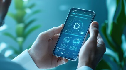 Poster - Person using smartphone with analytics dashboard displaying data and graphs, ideal for digital solutions and tech themes.