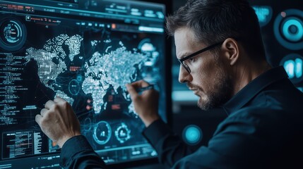 Poster - Professional analyzing global data on a high-tech screen with various analytics and maps in an office environment.