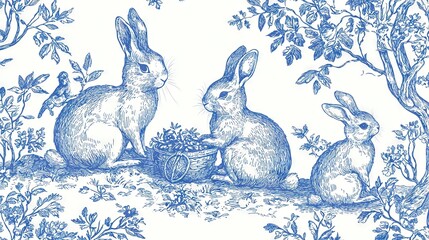 Canvas Print -   Three rabbits sitting together in a forest with a basket of flowers