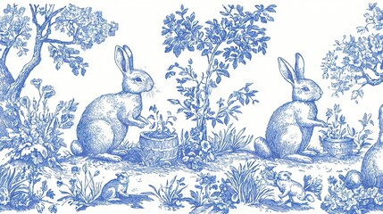 Poster -   A blue-and-white illustration depicts two rabbits relaxing on blades of grass, holding a watering can and surrounded by trees