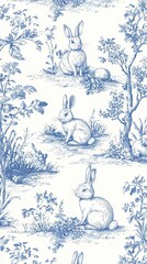 Sticker -   A blue-and-white wallpaper featuring rabbits frolicking in a lush green field with flowers, trees, bushes, and a serene atmosphere