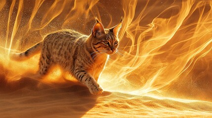 Wall Mural -   A cat stands in sand with fire patterns on its back and raised front paws