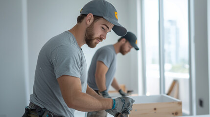 Movers assembling furniture in a new apartment, adjusting screws and tightening bolts photo