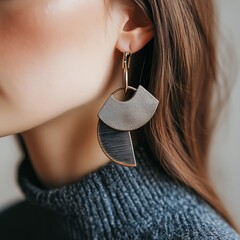 Hand made earrings in modern minimalist style. Close up. 