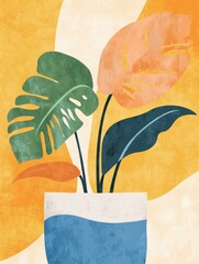 Poster - A modern arrangement of various leaves in a stylish pot, set against a colorful abstract backdrop of warm hues